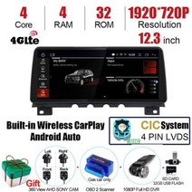 카플레이모니터 안드로이드오토 무선 자동차 멀티미디어 자동 모니터 123 인치 GPS 네비게이션 스테레오 라디오 안드로이드 12 BMW 7 시리즈 F01 F02 CIC NBT Car, 4G 32G 360 CAM