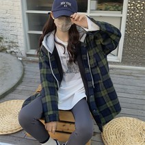어라운드24 여성 셔츠 빅사이즈 루즈핏 후드 체크 남방 긴팔