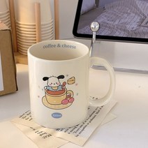 커플용 큐티 포차코 머그컵+컵뚜껑+숟가락 3종 세트 강아지 캐릭터 도안 오벌 320ml 대용량 물컵 내열 홈카페 우유컵 조식잔 집들이 개업 돌잔치 선물, 커피잔 포차코