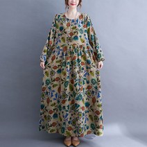 가을 빅사이즈 여성 린넨 원피스 보헤미안 자연주의 꽃무늬 프린팅 드레스 일상 데일리 휴가