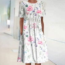 브랜드없음 여자 여름 보헤미안 프린트 반팔 비치 드레스 무릎 길이 드레스