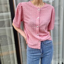 리즈와이 시어서커 엠보싱 반팔 가디건 라운드 셔링 블라우스 (빅사이즈)