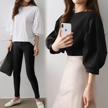 [여시몰6014국내제작]7부 볼륨 퍼프 셔링 티블라우스/봄 여름 여성 롱티 심플 오피스룩 롱티 하객 미시룩 스커트 스키니 청바지 반바지 통바지 코디