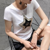 SAMARA 허쉬하우스 여성 여름 반팔 티셔츠 캐주얼 빤짝이 스팽글 티셔츠