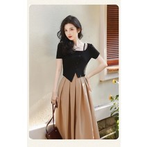 봄 가을 블랙 언발란스 스퀘어 넥 상의 밴딩 플리츠 투피스 세트