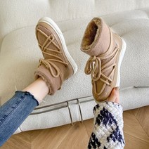 EGONERY 귀여운 양모 스노우 부츠 겨울 스타일 낮은 뒤꿈치 신발 라운드 발가락 슬립 온 크로스 패션 보트 묶여