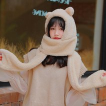 스키장 뽀글이 곰돌이 후드 목도리 베이지 꽃샘추위 연인 겨울패션 데이트코디 니트머플러 보온성 방한용품