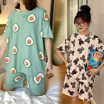 루즈핏반팔세트잠옷 여름 수면 잠옷 세트 극세사 여성 커플 운동복 실내복 신혼부부 파티 파자마 세트, L(55)_민트아보카도