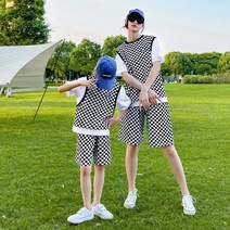 패밀리 캐주얼 여름 체크무늬 느슨한 티셔츠 반바지 투피스 엄마 아들 딸 커플룩