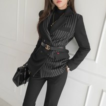 여성투피스 세트 추동 네임 스트라이프 정장 코트 슬림 팬츠 투피스