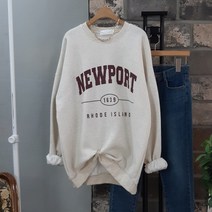 상상그이상 여성용 국내제작 뉴포트 기모안감 라운드넥 롱맨투맨 심플한 영문 레터링 포인트 부드러운 특양면소재 가볍고 따뜻한 루즈핏 겨울 데일리룩