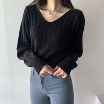 오버클래쓰 여성 니트 긴팔 V넥 무지 슬림핏 데일리 기본 스웨터