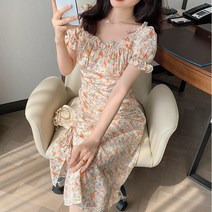 2022 여름 네크라인 수술 원피스 반팔 플라워 벌룬 롱스커트녀