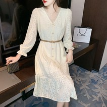 오버클래쓰 여성 V넥 롱원피스 긴팔 레이스 쉬폰 데일리 하객룩