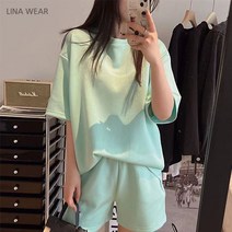 리나웨어 여성 루즈 핏 투피스 반팔 반바지 상하의 세트 무지 집앞 패션 파스텔톤 트레이닝복