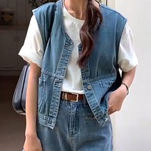 네모엔룩 여성용 워크데님 브이넥 노카라 단추 워싱청 조끼 루즈핏 포켓 레이어드 데님 베스트 NL