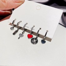 스마일 귀걸이 링 14k 원터치 티파니 ANENJERY-실버 컬러 러브 하트 럭키 후프 여성 개인용 멋진 6 피스 세트