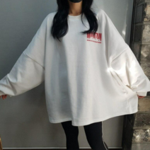 상상그이상 여성용 국내제작 마운틴 레터링 기모 박스 롱티셔츠 편안한 빅사이즈 원피스 집순이룩