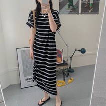 발목부터 발목까지 오는 여름 원피스 롱스커트 발목까지 오는 롱 길이 여름 신작 스트라이프 반팔 원피스 루즈하고 가느다란 게으른 캐주얼 니슬릿 티셔츠 블러디 바디스커트 스
