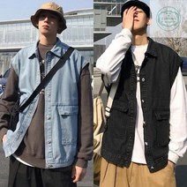 청자켓 데님자켓 베스트 올드스쿨룩 INSUM26 남성 트러커 오버핏 빅사이즈 흑 연청 코디