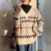 아가일 니트 스웨터 여성 그런지 추악 풀오버