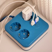 러그박스 큐브 사각 USB 2포트 멀티탭 3구 이지콕플러그 납작플러그 디자인 멀티탭, 사각 (블루/화이트) 1.4M 이지콕플러그