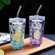 1 + 1 별모양 글라스 빨대 유리 텀블러 콜드컵 260ml, 보라+보라