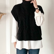 아모르데이 여성용 소프트 꽈배기 케이블 터틀 하이넥 크롭 베스트