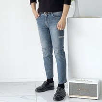 반즈 남자 허리가 편한 히든밴딩 허벅지 구제 데미지 커팅 9부 데님 청바지