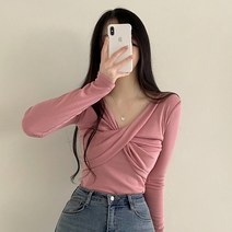 슬림 랩 V넥 꼬임 긴팔 티셔츠