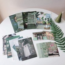 [비츨] 인테리어 빈티지 페이퍼 16종 세트 - 그린 촬영소품 카페 감성 엽서 일러스트 벽장식