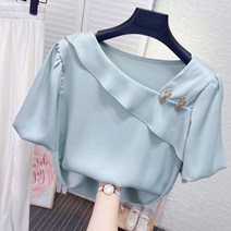 지9차이나 브이넥 반팔 실크 블라우스