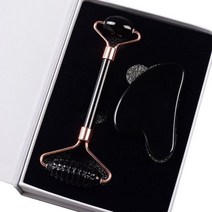 블랙 흑요석 얼굴 관리 도구 톱니 롤러 구아샤 세트 천연 석재 크리스탈 마사지 건강 피부 해독, 01 2 Pcs Sets
