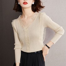 넷투넷코리아 여성 브이넥 긴팔티 루즈 기본 레이스 레이어드 단색