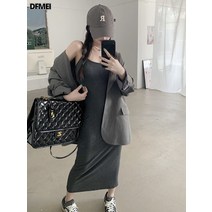 DFMEI 블랙 그레이 슬립 미니 캐주얼 패션 U넥 슬림 a라인 스커트 롱 쇼트