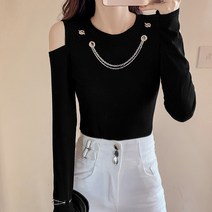 오픈숄더긴팔티 가을 디자인감각 체인 펀칭 오프숄더 어깨트임 이너웨어 슬림 상의 티셔츠 소매 여성 t셔츠 2709654743