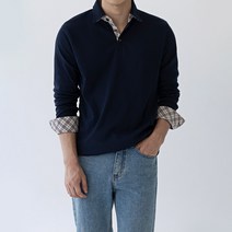 스타일에스 남자 빅사이즈 체크 배색 카라 봄 가을 고급 긴팔티
