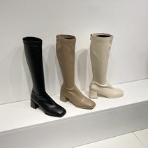 여성 스판 롱부츠 고급인조가죽 롱부츠 슬립온 블럭굽 미들힐 백지퍼 롱부츠 유니크라인 베이직