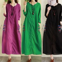 Tagi.린넨원피스 자수 빅사이즈 긴팔 오버핏 면마 롱원피스