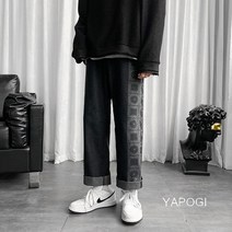 YAPOGI 캐슈 꽃 바지 봄 가을 신사복 일본식 블랙 레트로 청바지 유행 브랜드 스트레이트 와이드 다리 아빠 바지 YAPOGI