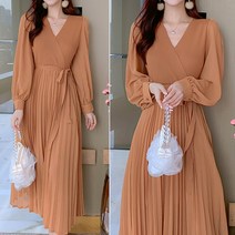 리틀깽스 봄 가을 여성스러운 하객패션 데이트룩 브이넥 니트 하늘하늘 퍼프소매 주름 플리츠 쉬폰 롱원피스