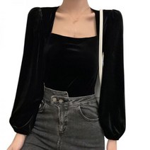 퍼프 스퀘어넥 여름 티셔츠 슬리브 크롭 벨벳블라우스 레트로 프랑스 디자인 틈새 짧은 셔츠 용 스퀘어 칼라 벨벳 블라우스 블랙 탑