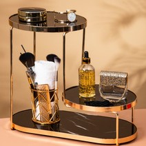 더블 대리석 선반 트레이 욕실 거실 데스크탑 로타리 스토리지 마블 트레이 장식 소품 전시다이, 높고 낮은 3단 선반 - 흑백