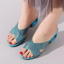 샌들 블록 힐 스팽글 관음증 발가락 슬리퍼 여름 파티 신발 할로우 토 물고기 입 버클 여성