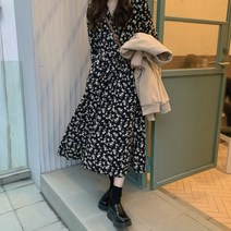 세련 데이트룩 브이넥 포켓 랩스타일 플라워 롱원피스 데일리룩
