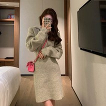 여성 니트 후드 루즈핏 긴팔 골지 벌룬 미디 원피스
