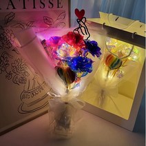 사탕 꽃다발 손 하트 조화 홀로그램꽃 화이트데이 선물 쇼핑백 포함, [D] LED 레인보우 5송이 + 쇼핑백