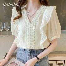 나바바 NB783 여성 러블리 레이스 브이넥 반팔 블라우스