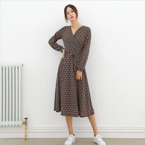 프롬코 여성 봄 가을 긴팔 랩 셔링 롱 원피스 FRC91