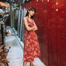 탑트레일/여자 여름 라운드넥 미디 린넨 플라워 꽃무늬 쉬폰 프릴 민소매 레드 플립 원피스